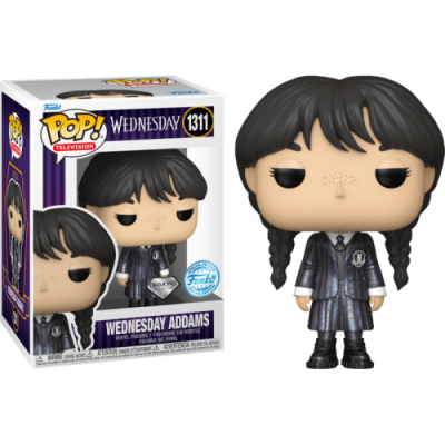 Figura Funko Pop! Wednesday Addams com roupa azul-escura e tranças em embalagem