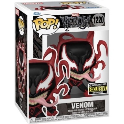 Funko Pop! de Venom de vinil preto, vermelho e branco na caixa com etiqueta exclusiva