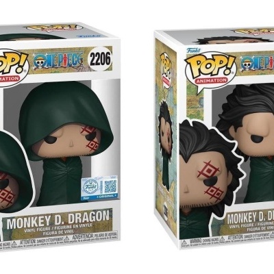 Figurinha Funko Pop! Monkey D. Dragon em vinil com capuz verde e tatuagens vermelhas