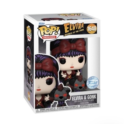 Funko Pop Elvira and Gonk em embalagem com texto e número de série