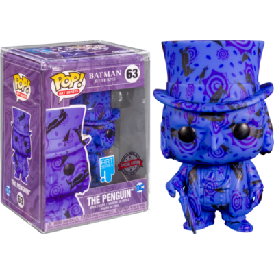 Figurina Pop! The Penguin azul com padrões ao lado da caixa transparente do produto.