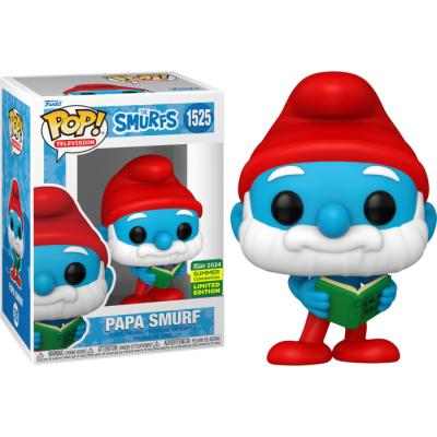 Figura Funko Pop! Papa Smurf azul com gorro e sapatos vermelhos segurando livro verde em caixa
