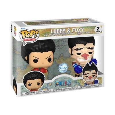 Caixa Funko Pop! com figuras vinil Luffy e Foxy, personagens One Piece