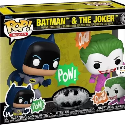 Pack Funko Pop Batman e The Joker com texto 'Pow!' e 'Ouch!' em fundo amarelo