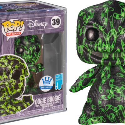 Funko Pop Art Series Disney número 39 Oogie Boogie verde e preto em caixa roxa