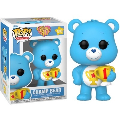 Figura Funko Pop azul segurando troféu em embalagem branca e azul