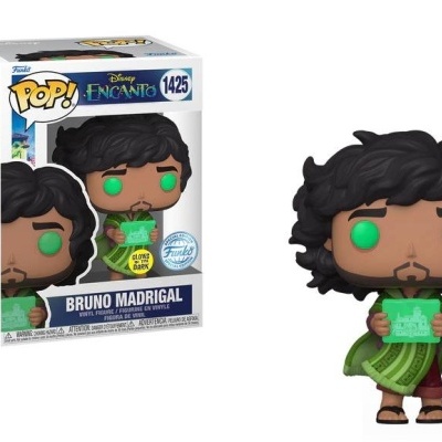 Funko Pop! de Bruno Madrigal da Disney Encanto com capa verde e objeto translúcido