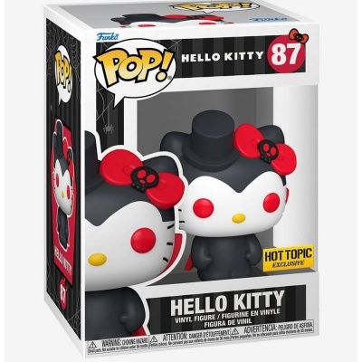 Figura Funko Pop Hello Kitty nº87 com laço vermelho e chapéu preto em caixa com janela