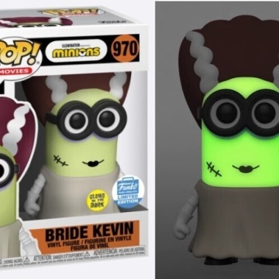 Funko Pop Bride Kevin Minions figura em caixa junto com figura fora da caixa