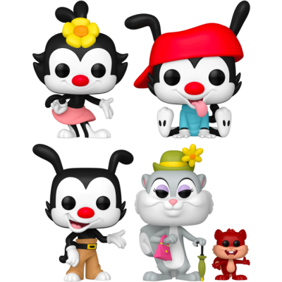 Quatro bonecos colecionáveis Funko Pop, personagens de desenhos animados com cores variadas como rosa, vermelho, azul, castanho e branco.