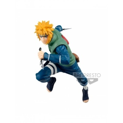 Figura colecionável personagem cabelo amarelo roupa azul colete verde kunai BANPRESTO
