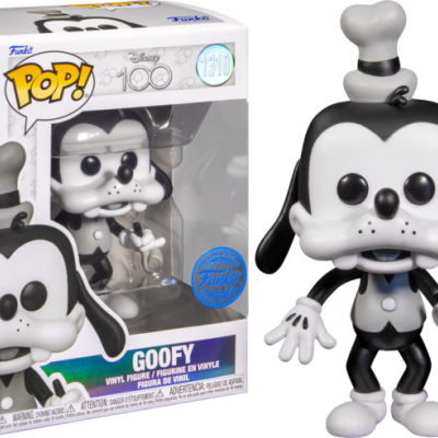 Funko Pop! figura de vinil de Goofy preta e branca com chapéu de cozinheiro ao lado da sua embalagem