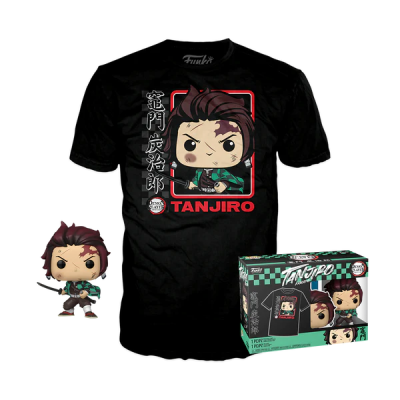 Conjunto com t-shirt preta, figura Funko Pop e caixa, todos do personagem Tanjiro