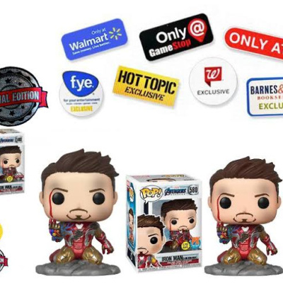 Figura Funko Pop Homem de Ferro com base cinza e caixa ao fundo com selos de exclusividade de várias lojas
