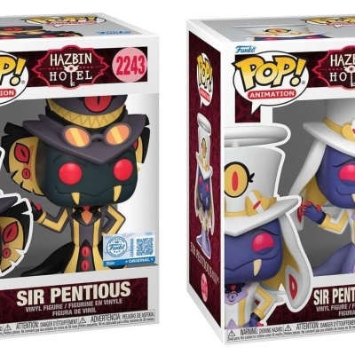 Duas figuras Funko Pop Sir Pentious Hazbin Hotel em caixas de vinil.