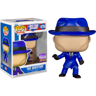 Figura Funko Pop! Heroes The Question vestido de azul com chapéu e embalagem