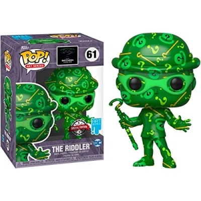 Figura Funko Pop! The Riddler verde com padrão de interrogações ao lado da caixa
