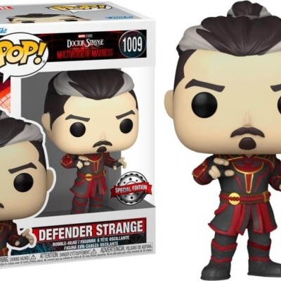 Figura Funko Pop! Defender Strange com roupa vermelha e preta em caixa