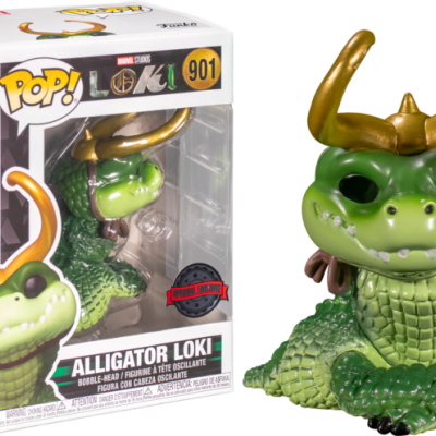 Boneco Funko Pop! Alligator Loki verde com chifres dourados em embalagem