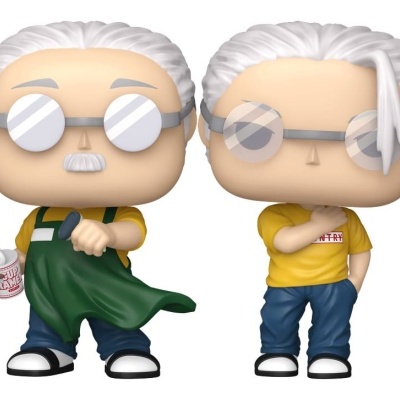 Duas figuras Funko Pop com cabelo branco, óculos redondos, roupa colorida e um copo