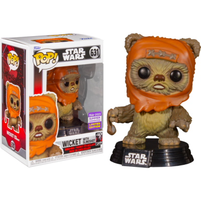 Figura Funko Pop! 631 Star Wars Wicket com fundoshi laranja e base preta ao lado da caixa