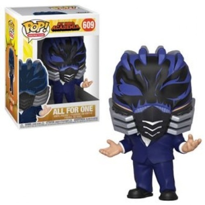 Boneco Funko Pop! All For One da coleção My Hero Academia, com máscara preta e azul e terno azul escuro