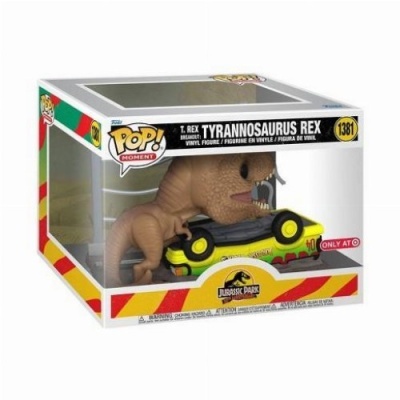 Figura Pop! Tyrannosaurus Rex de vinil numa caixa com fundo branco e detalhes vermelhos e amarelos