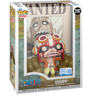 Figura Funko Pop! Usopp de One Piece em caixa com design de cartaz de procurado
