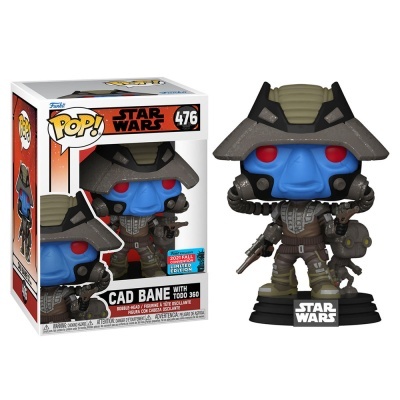 Boneco Funko Pop! Star Wars Cad Bane com capacete e pistolas junto à sua embalagem.
