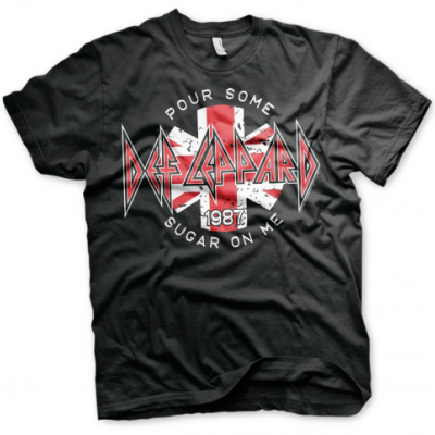T-shirt preta com estampa do Def Leppard e texto 'Pour Some Sugar On Me 1987'.