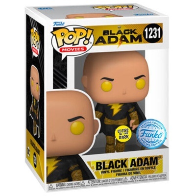 Funko Pop! Black Adam vinil com roupa preta e detalhes amarelos na embalagem