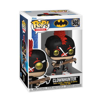 Figura Funko Pop! Heroes Clownhunter número 502 com capacete preto e moicano vermelho na embalagem.