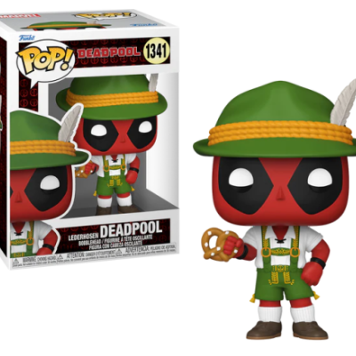 Figura Funko Pop! Deadpool Lederhosen com chapéu e pretzel ao lado da caixa