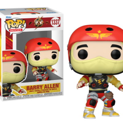 Boneco Funko Pop! do Barry Allen com capacete vermelho e roupa de treino colorida