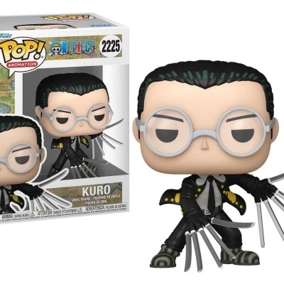 Figura Funko Pop! Kuro da animação One Piece com lâminas afiadas nas mãos junto à sua embalagem.