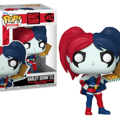 Figura Funko Pop! da Harley Quinn com caixa de pizza e embalagem colorida