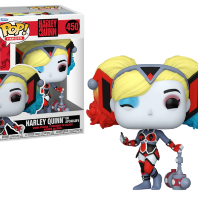 Figura Funko Pop! Harley Quinn nº 450 com cabelo amarelo e azul/vermelho, fato vermelho e preto, martelo, caixa à esquerda