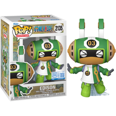 Figura Funko Pop! Animation Edison da série One Piece em vinil com capacete verde e bege e roupa verde e branca
