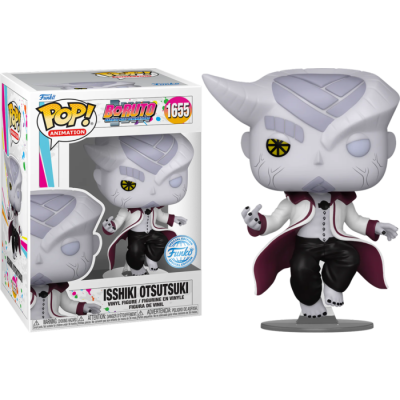Funko Pop do personagem Isshiki Otsutsuki da série Boruto em vinil com chifre e olhos amarelos, dentro da sua caixa