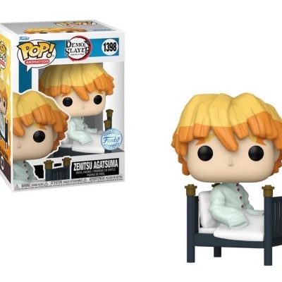 Figura Funko Pop! de Zenitsu Agatsuma sentado numa cama junto à caixa do produto.