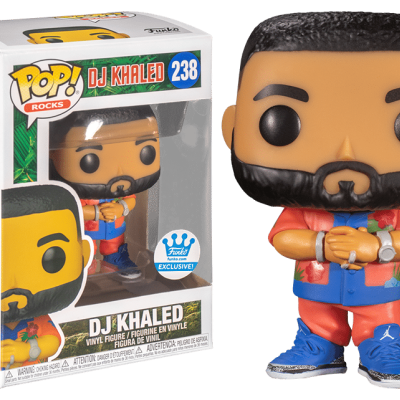 Figura Funko Pop de DJ Khaled em caixa com texto e adesivo de exclusividade