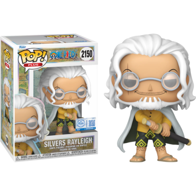 Figura Funko Pop! Silvers Rayleigh de vinil com roupa amarela e preta, cabelo branco e óculos redondos, com caixa à esquerda