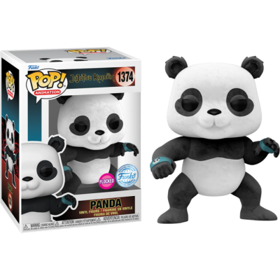 Figura Funko Pop de panda preto e branco com textura flocked ao lado da caixa