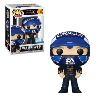 Figura Funko Pop Racing de Max Verstappen com capacete azul e fato de corrida azul escuro