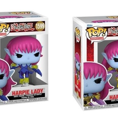Duas figuras Funko Pop! da personagem Harpie Lady com pele azul e cabelo rosa, em caixas com fundo branco e vermelho