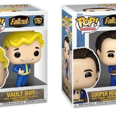Duas figuras Funko Pop! Fallout Vault Boy e Cooper Howard nas suas embalagens.