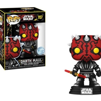 Figura colecionável Funko Pop! Darth Maul Star Wars com roupa preta, chifres brancos e sabre de luz vermelho