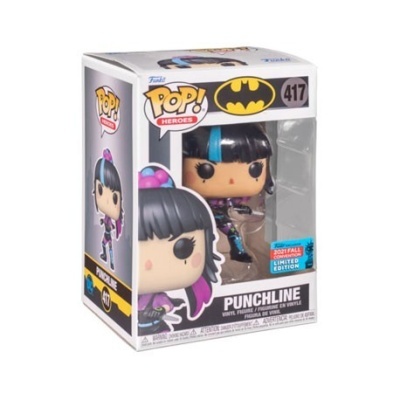 Funko Pop Punchline Batman, caixa branca com amarelo e preto, número 417