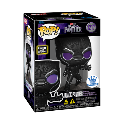 Figura Funko Pop! do Black Panther preta com olhos roxos em caixa preta