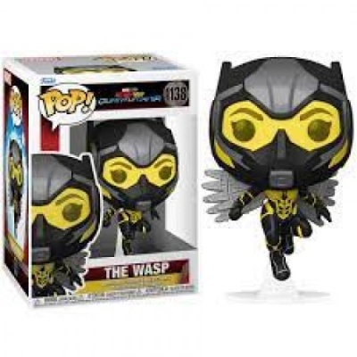 Funko Pop! The Wasp, traje preto e amarelo, asas cinzentas, capacete com viseira amarela